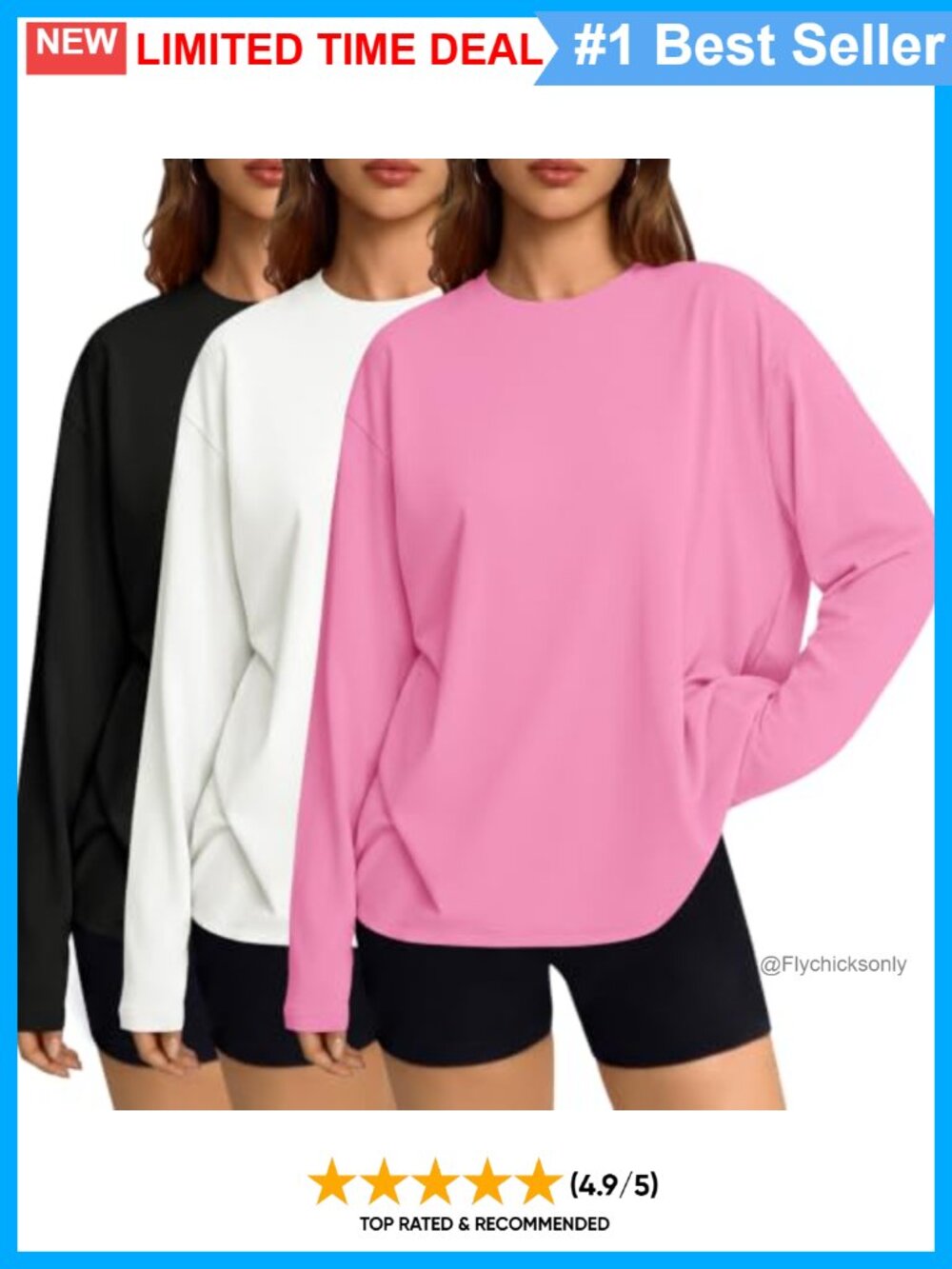 3 Pack Womens Long Sleeve Crew Neck Oversized T-Shirts Casual Layering Tops